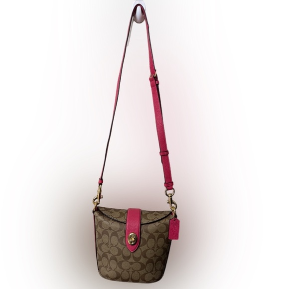 Coach c2817 Addie Crossbody In Signature Canvas Khaki Fuschia Org $328 - Picture 3 of 13